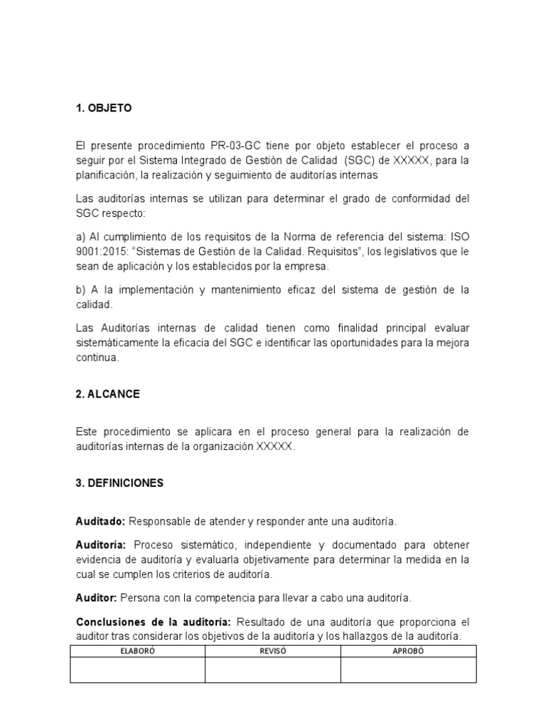 Procedimiento de Auditoría Interna ISO 9001 | PDF | Auditoría | Sistema ...