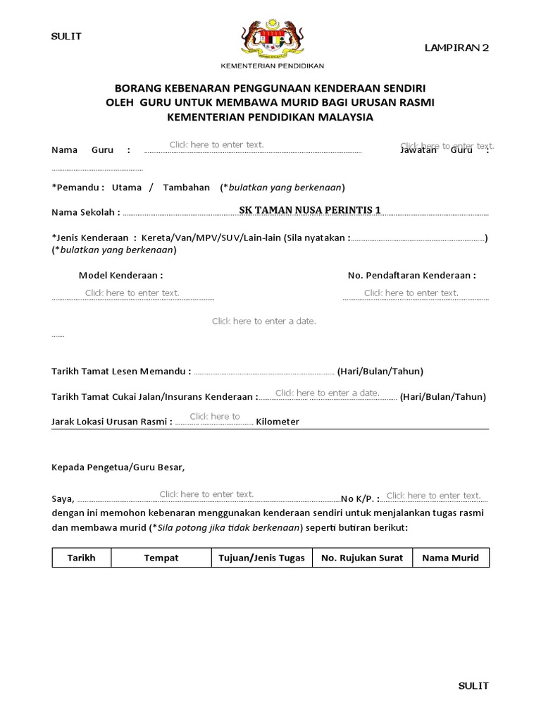 Borang Kebenaran Guna Kenderaan Sendiri | PDF