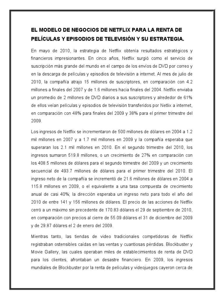 El Modelo de Negocios de Netflix para La Renta de Películas Y Episodios ...