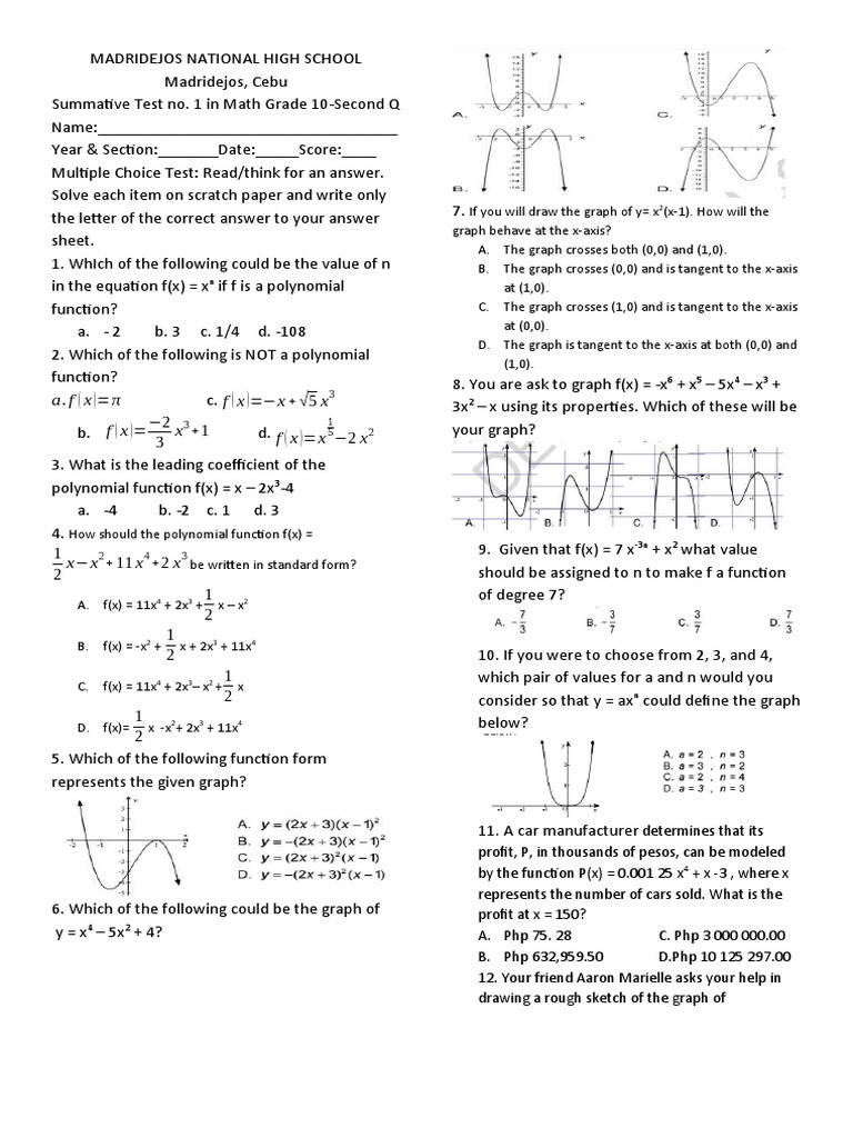 SUMMATIVE TEST NO.1 Math 10 Second Quarter 20222023 PDF Polynomial