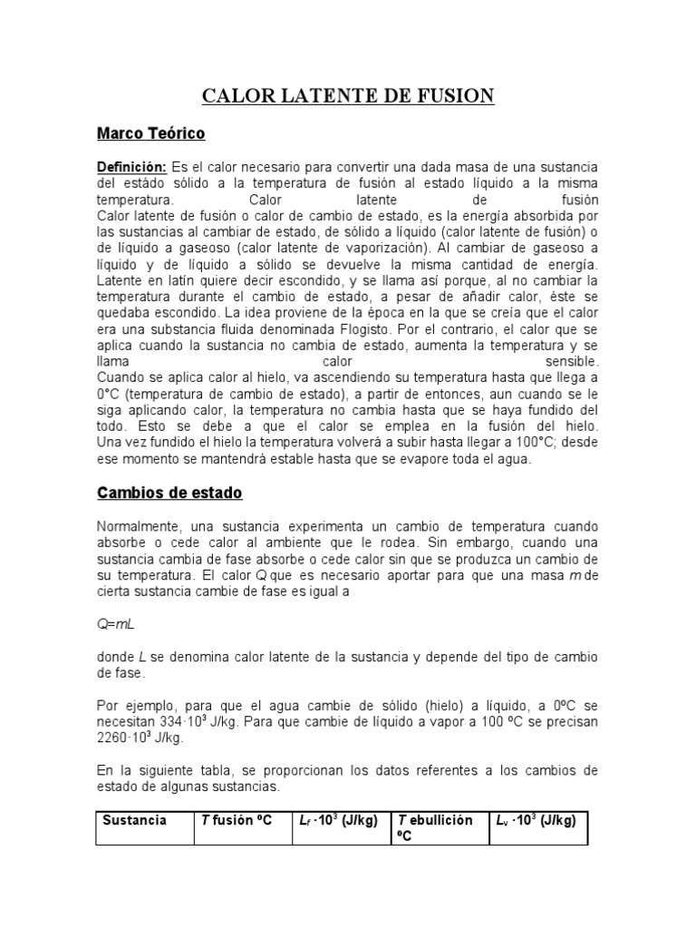 Calor Latente de Fusión: Conceptos y Cálculos | PDF | Calor latente ...