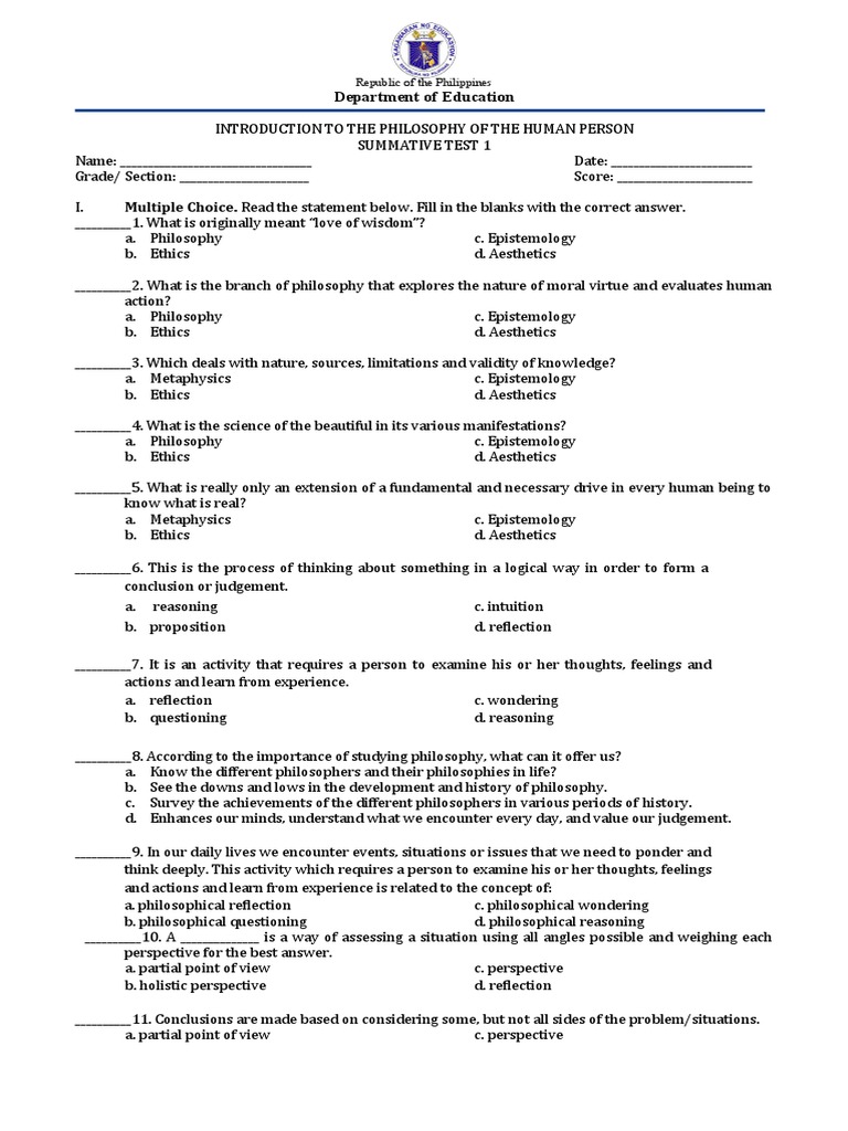 Philo Summative Test 1 Q1 Pdf
