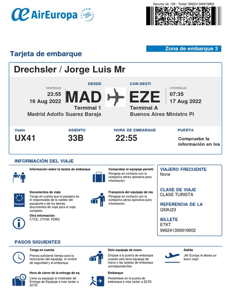 Tarjeta de embarque para vuelo de Madrid a Buenos Aires con detalles de