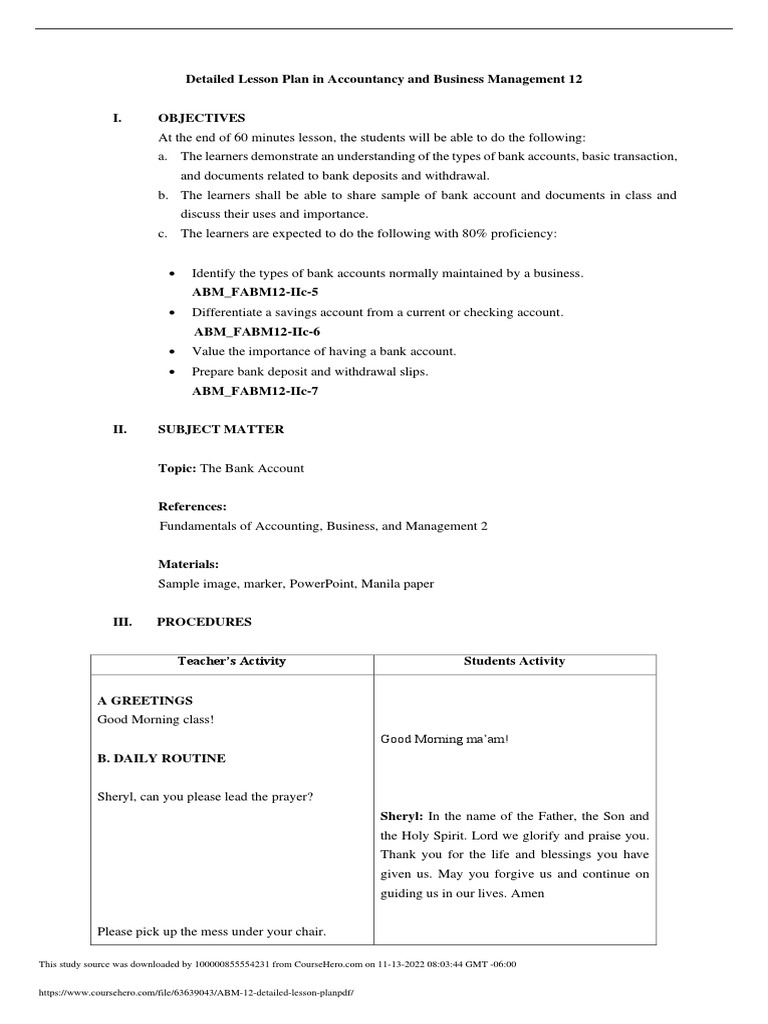 Abm 12 detailed lesson plan pdf pdf transaction account cheque