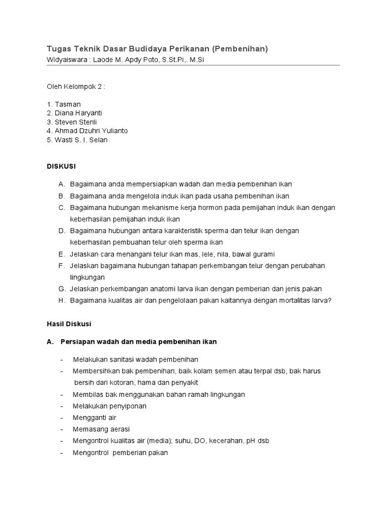 Tugas Teknik Dasar Budidaya Perikanan Pembenihan Pdf