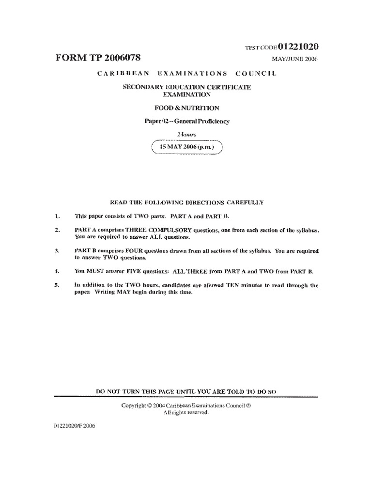 CSEC Food and Nutrition June 2006 P2 | PDF | Foods | Fruit Preserves