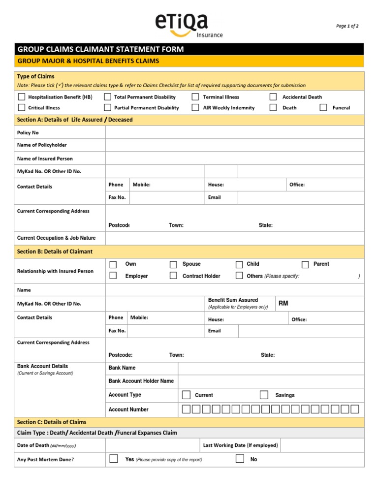 Group Insurance Claims Form Document Outlining the Types of Claims