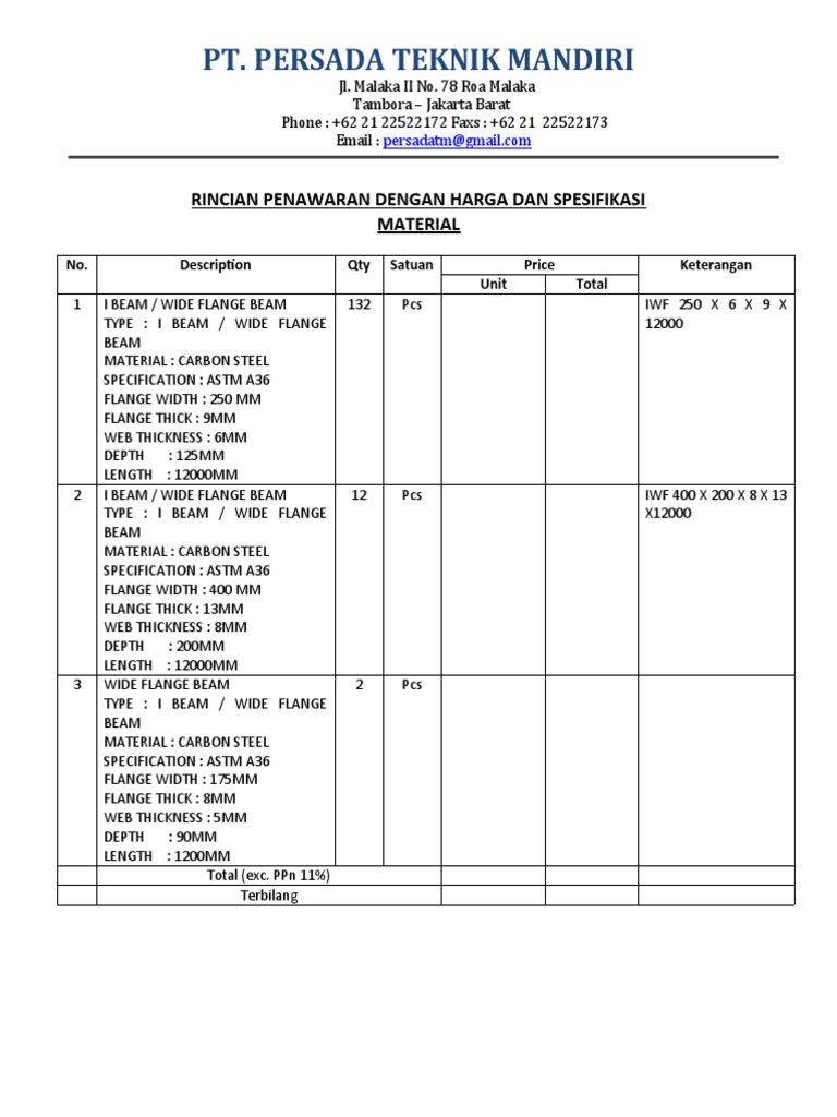 Rincian Penawaran Dengan Harga Dan Spesifikasi | PDF