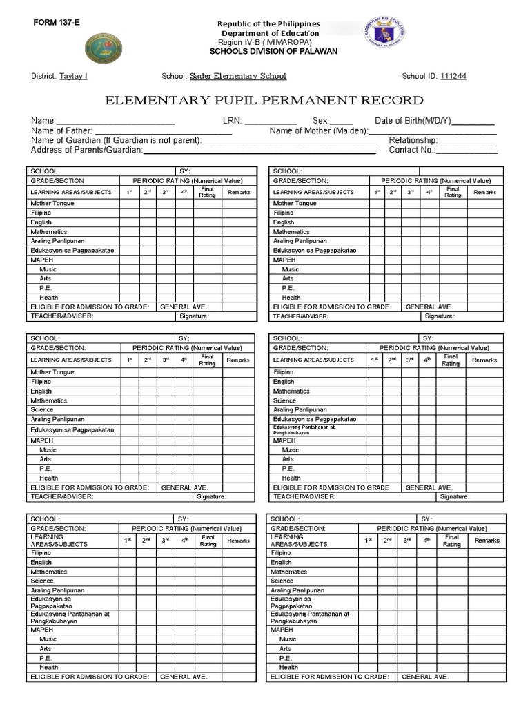 Form 137School Permanent Record PDF