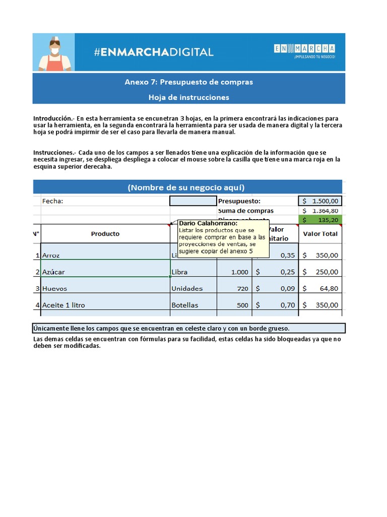 Anexo 7: Presupuesto de Compras Hoja de Instrucciones | PDF