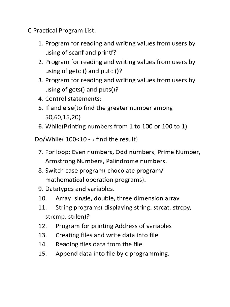 C Practical Internal Program List | PDF
