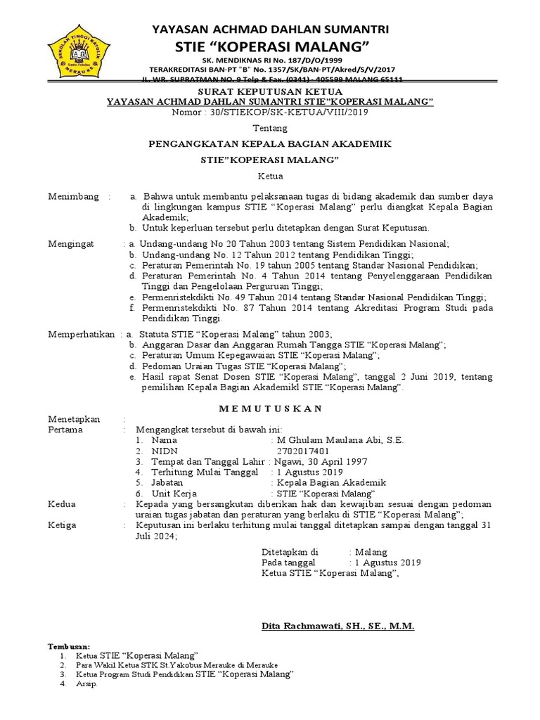 Sk Pengangkatan Kepala Bagian Akademik Pdf