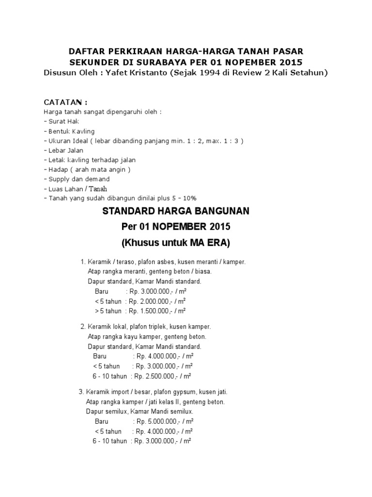 Daftar Perkiraan Harga Tanah | PDF
