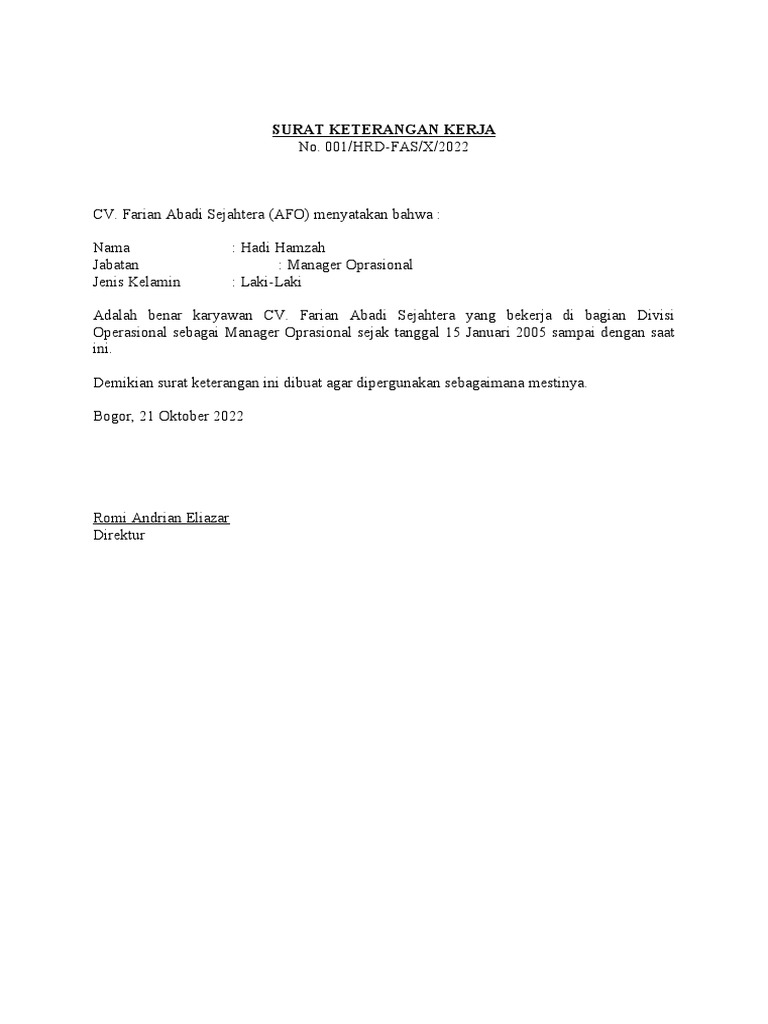 Surat Keterangan Kerja | PDF