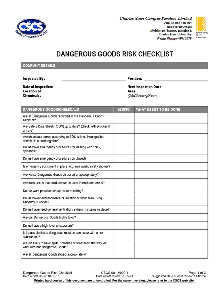 Dangerous Goods Risk Checklist CSCS081V002.1 PDF