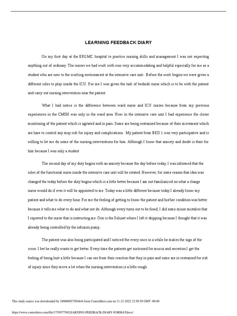 ICU Learning Feedback Diary Template | PDF | Intensive Care Unit | Nursing