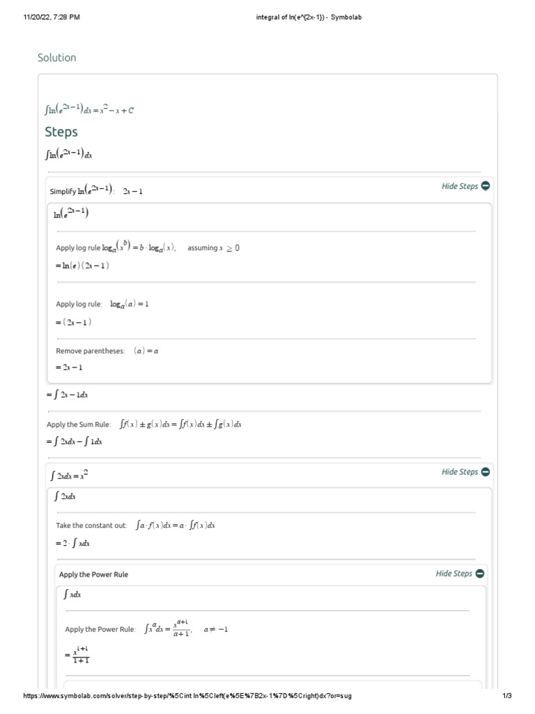 integral of ln(e^{2x1}) Symbolab PDF Mathematics Mathematical