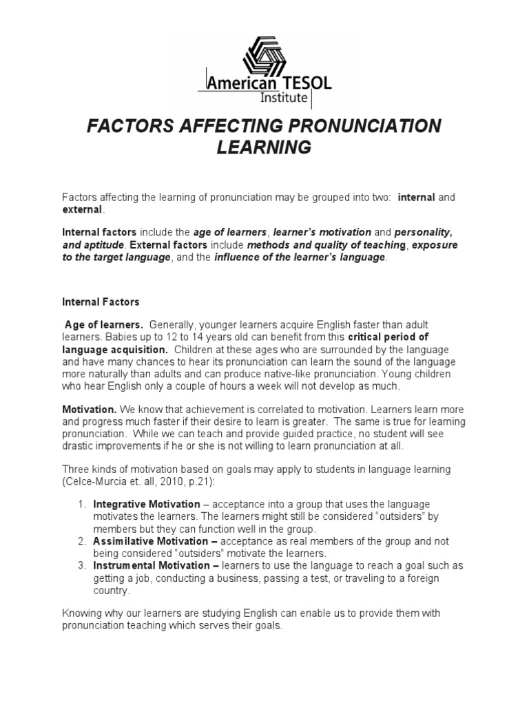 Factors Affecting Pronunciation Learning | PDF | Second Language | Learning