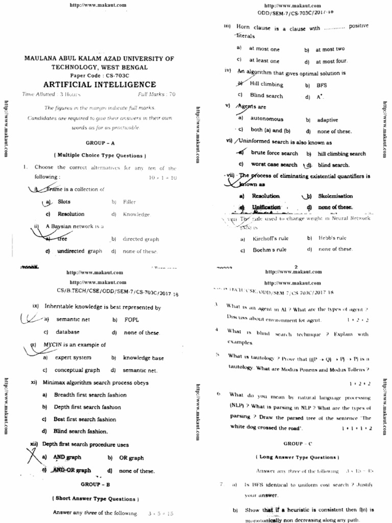 Artificial Intelligence 2018 Question Paper Makaut PDF