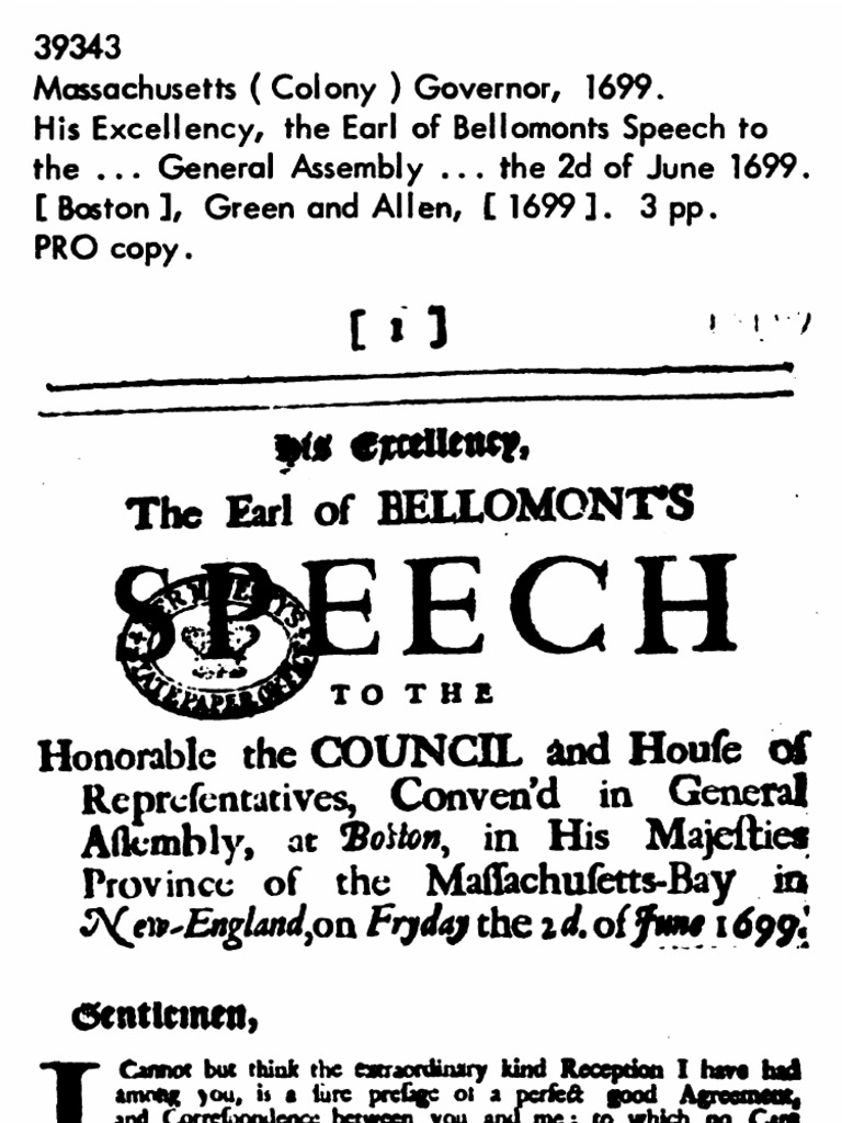 Bellomont's Speech To General Assembly, Boston PDF