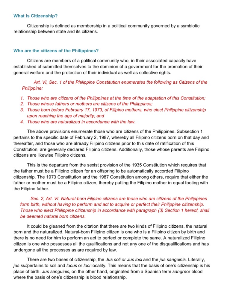 Basis of Philippine Citizenship | PDF | Naturalization | Citizenship