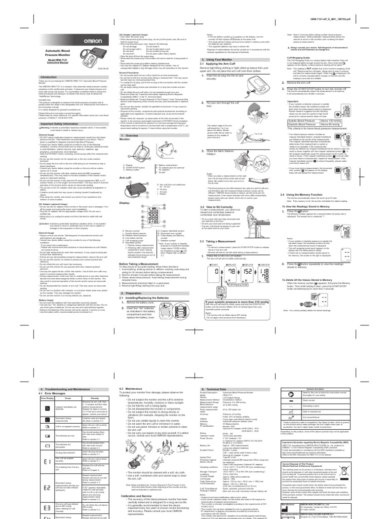 User Manual Omron Automatic Blood Pressure Monitor HEM7121 PDF Blood Pressure