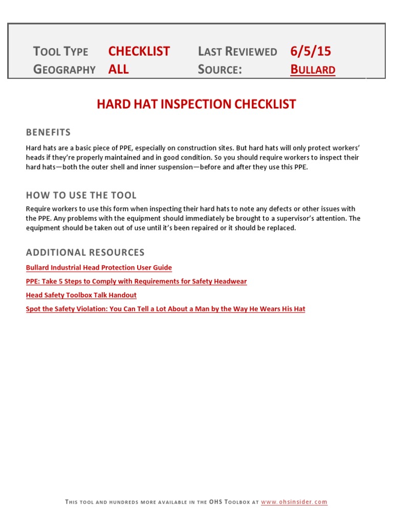 Hard Hat Inspection Checklist Guide | PDF | Business | Home & Garden