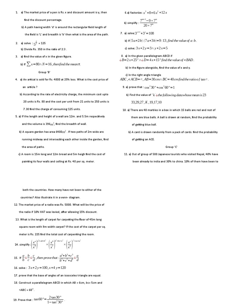 Class 9 Math Question Final Term 2078 | PDF | Teaching Methods ...