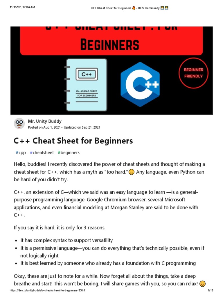 C++ Cheat Sheet For Beginners ? - DeV Community ? - ?? - ? | PDF