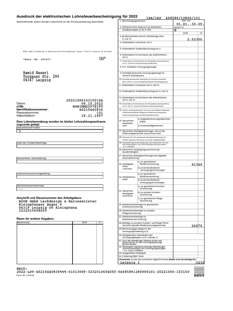 Lohnsteuerbescheinigung September 2022 | PDF