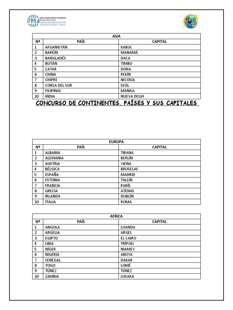 Cuadro de Continentes, Países y Capitales | PDF | Relaciones ...