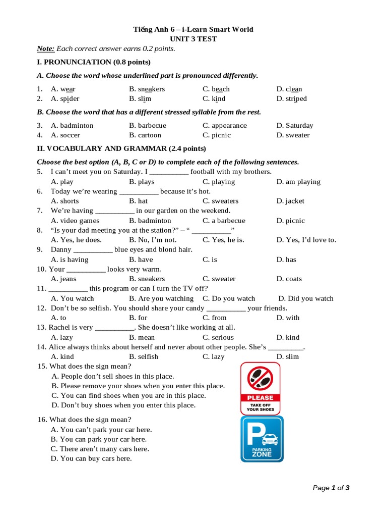 Tieng Anh 6 Smart World - Unit 3 Test | PDF