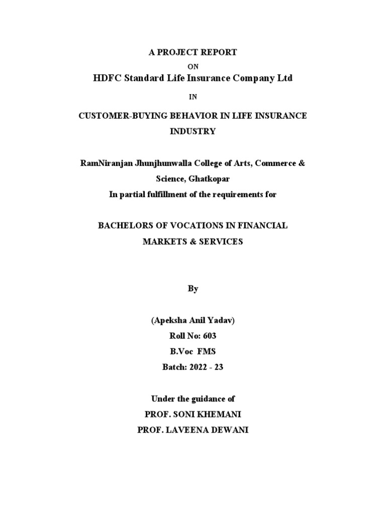 A Project Report HDFC Standard Life Insu PDF Insurance Marketing