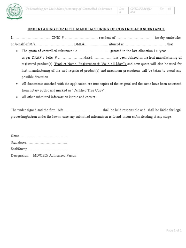 Undertaking For Licit Manufacturing of Controlled Substance | PDF