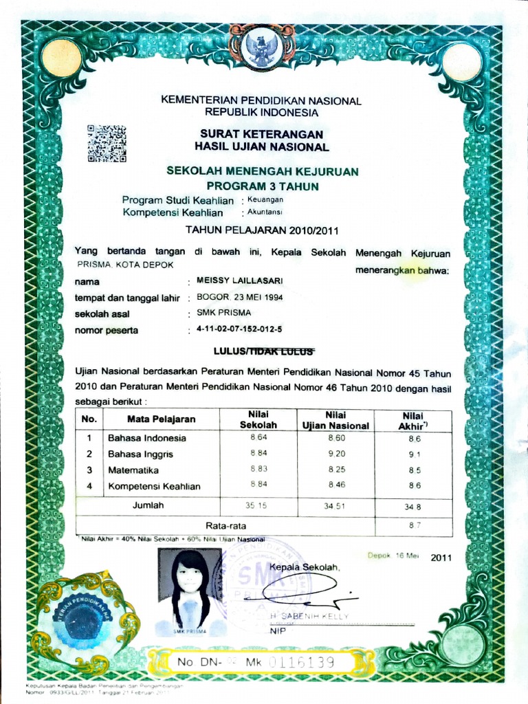 Bentuk SKHUN SMK dan Nilai Ujian | PDF