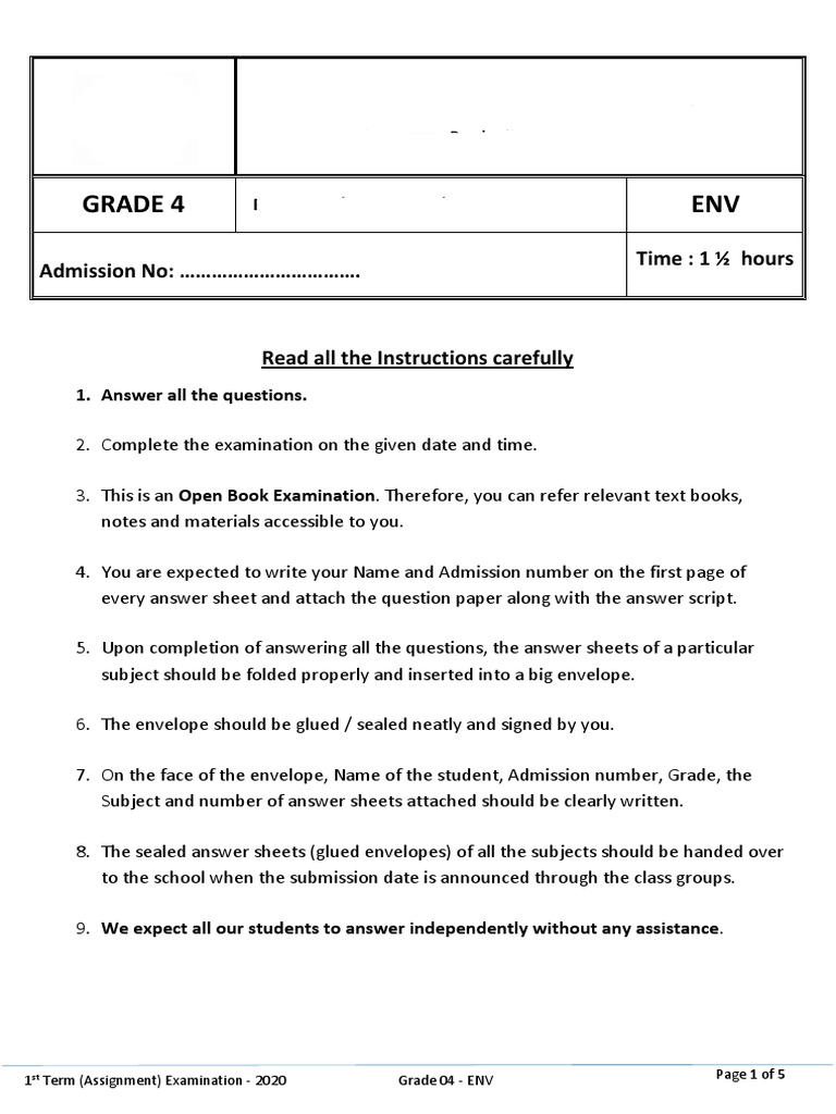 Grade 4 Environmental Studies Exam 2020 | PDF | Sri Lanka