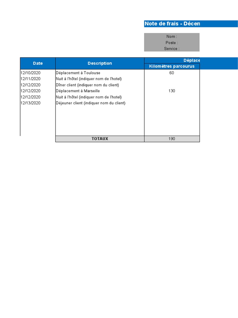 Modèle de Note de Frais PDF