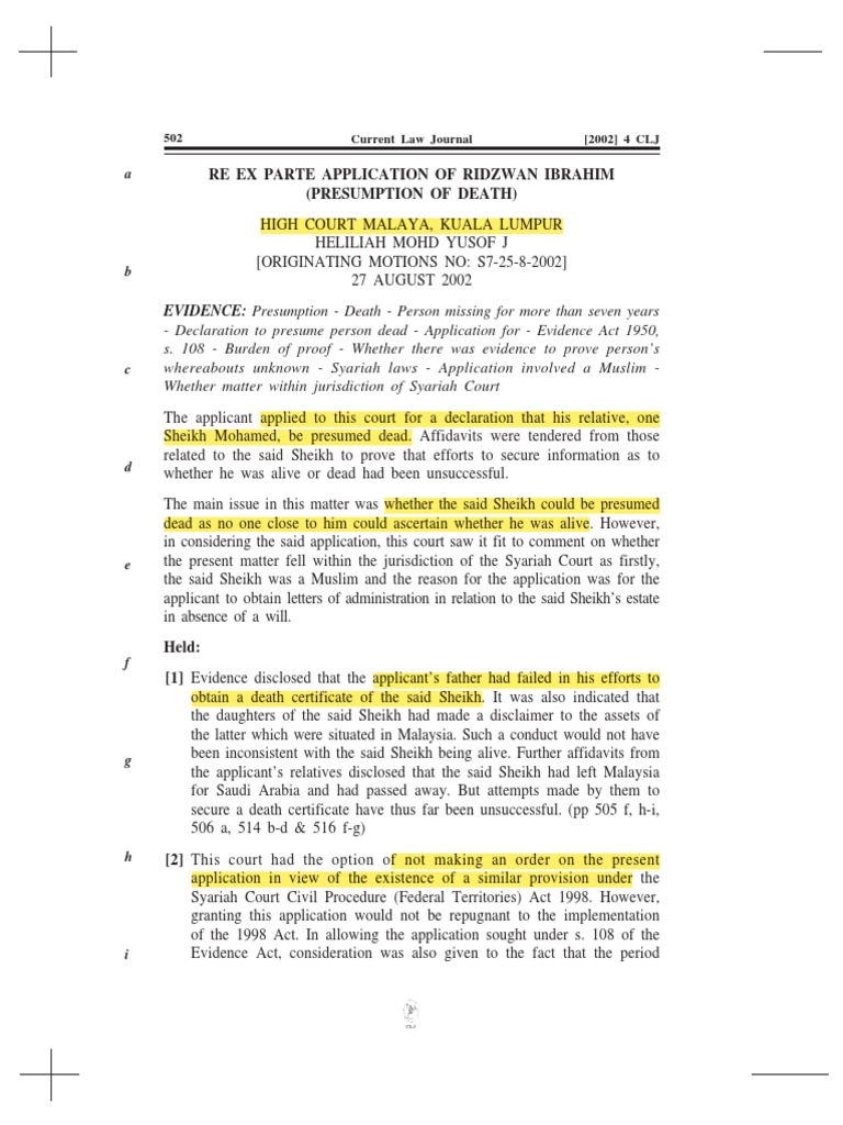 Re ex parte application of ridzwan ibrahim presumption of death 2002
