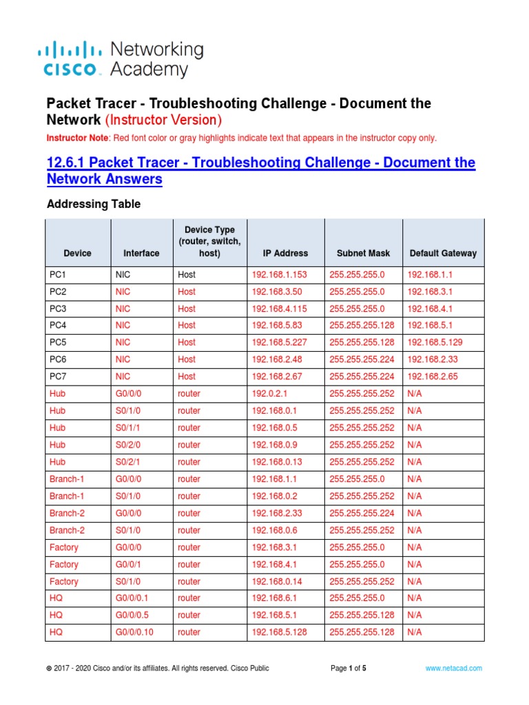 12.6.1 Packet Tracer - Troubleshooting Challenge - Document The Network ...