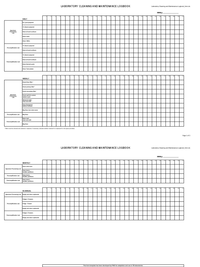 Laboratory Cleaning and Maintenance Logbook Form PDF Laboratories