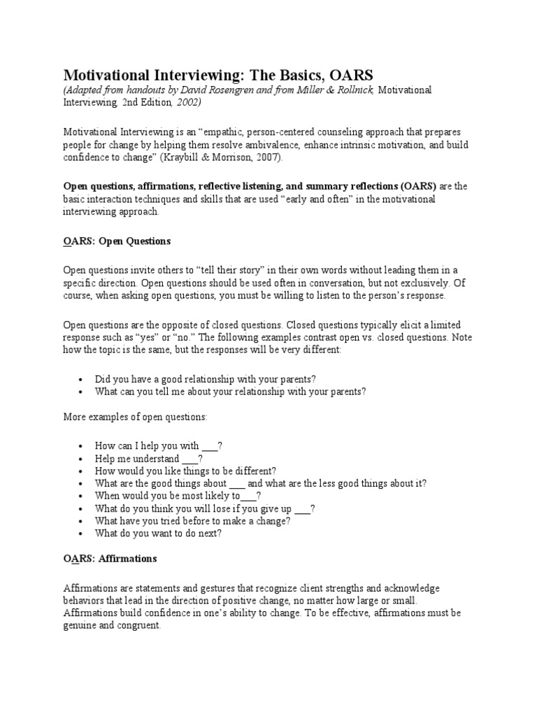 OARS Techniques in Motivational Interviewing | PDF | Behavior ...