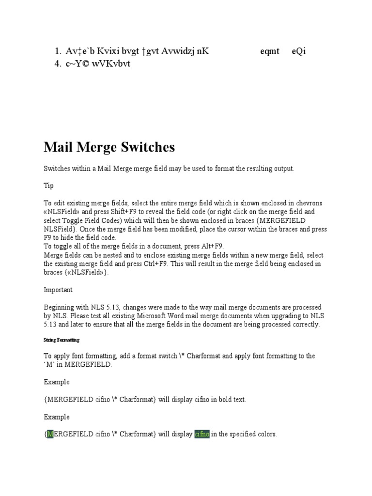 Toggle switch code for mail merge pdf