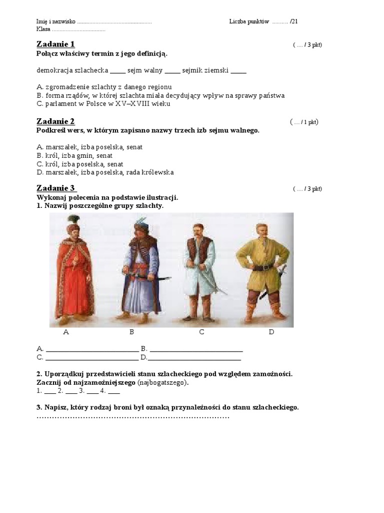 Test Z Historii Klasa 6 Dzial 2 Test Dzial II Rzeczpospolita Szlachecka | PDF