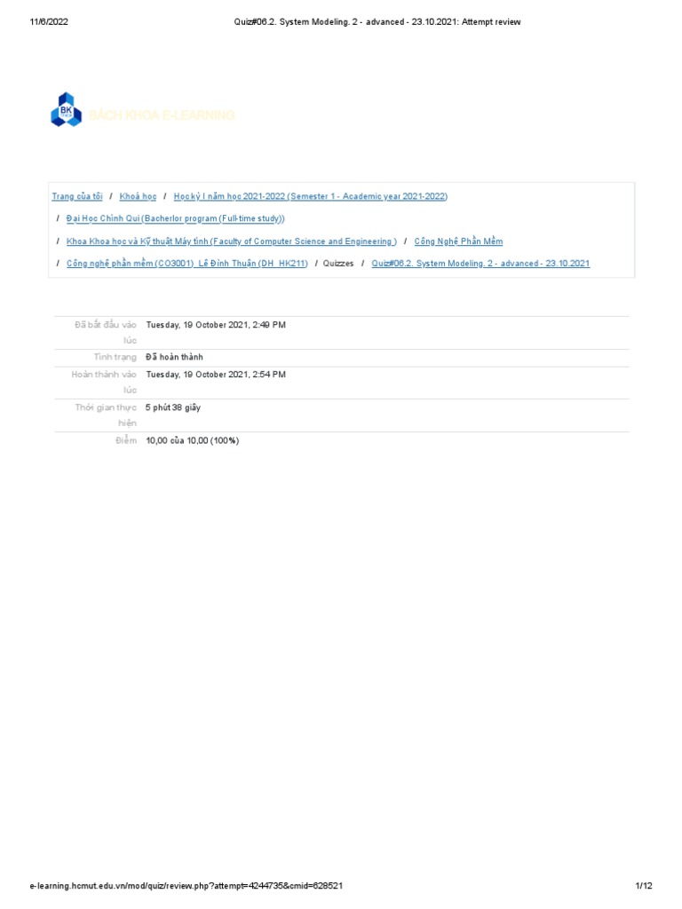 Quiz06.2. System Modeling. 2 Advanced 23.10.2021 Attempt Review