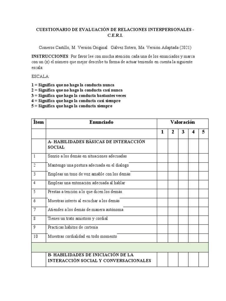 Cuestionario C.E.R.I. de Relaciones Interpersonales | PDF | Crecimiento ...