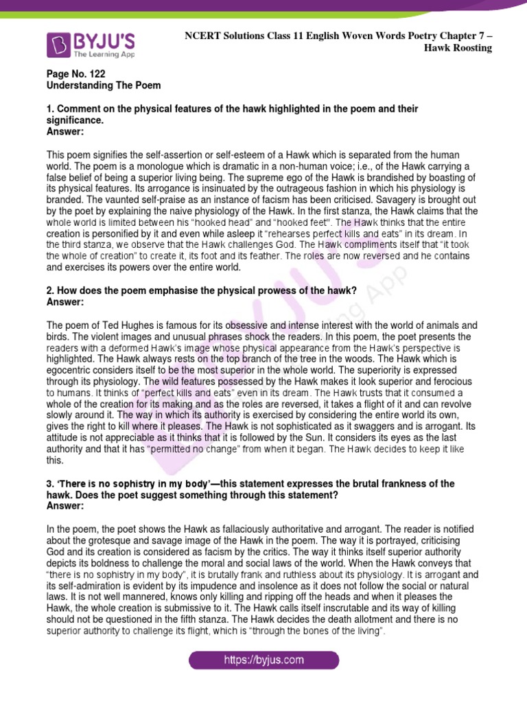Ncert Solutions Class 11 English Woven Words Hawk Roosting Pdf
