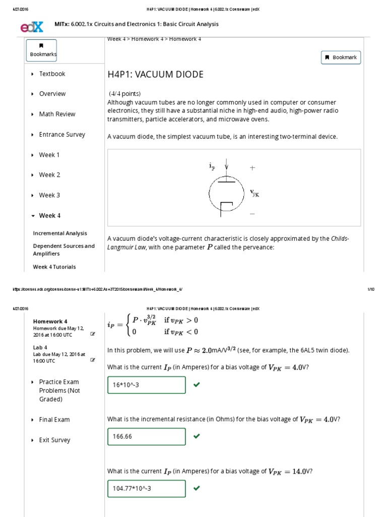 H4P1 VACUUM DIODE Homework 4 6.002 PDF