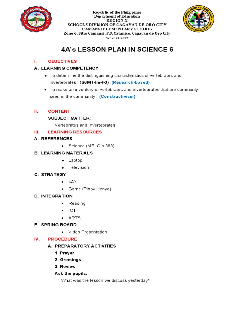 Cot 4a S Lesson Plan In Science 6 Sy 2021 2022 Pdf Vertebral