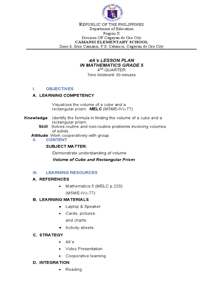 Grade 5 MATH LESSON PLAN | PDF | Volume | Length