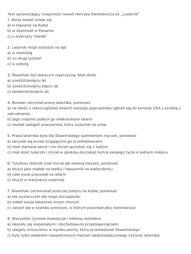 Test Sprawdzający Znajomość Noweli Henryka Sienkiewicza Pt. Latarnik PDF